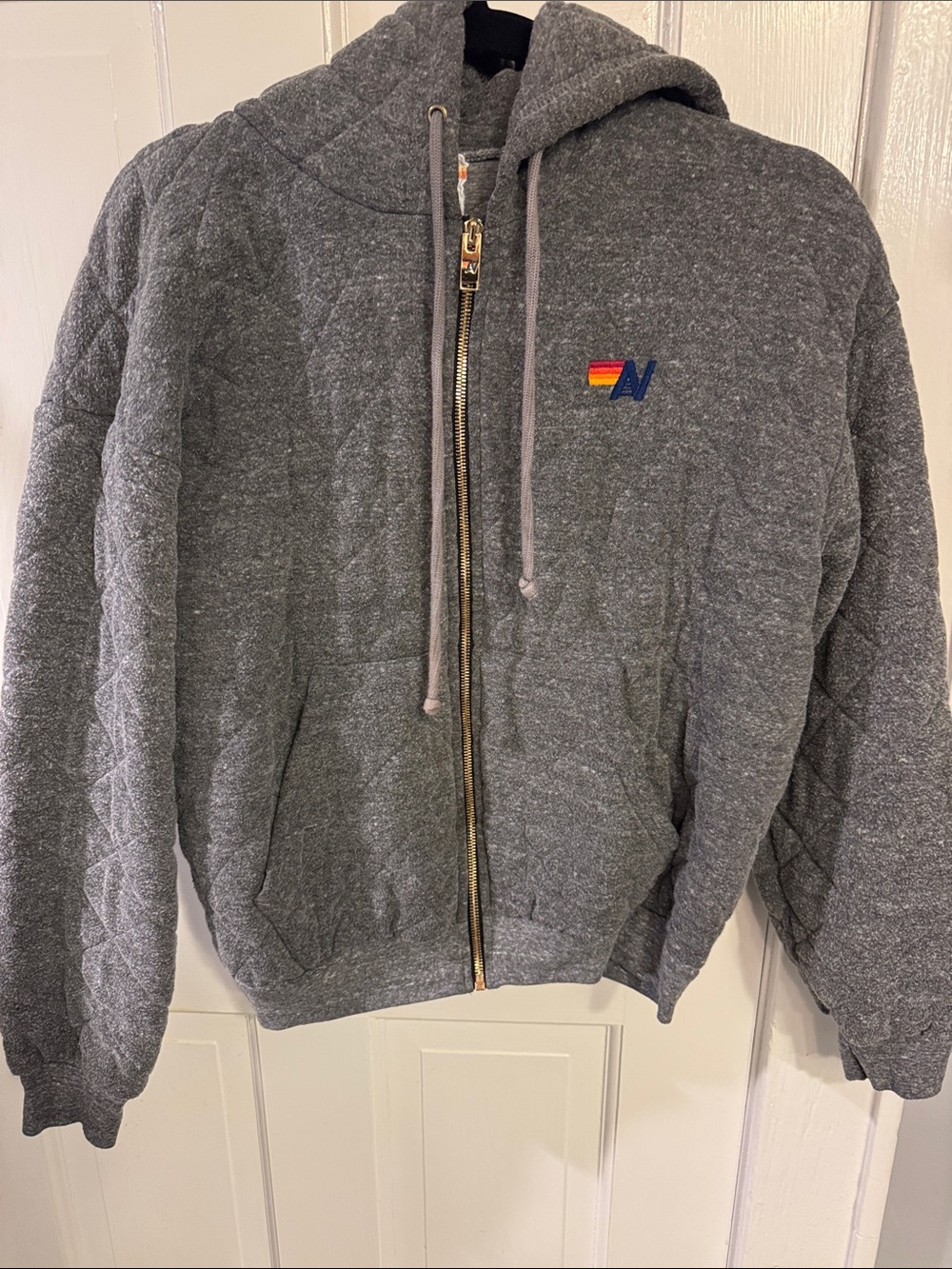 Aviator Nation Quilted Heather Gray Hooded Zip Sweatshirt with Rainbow N